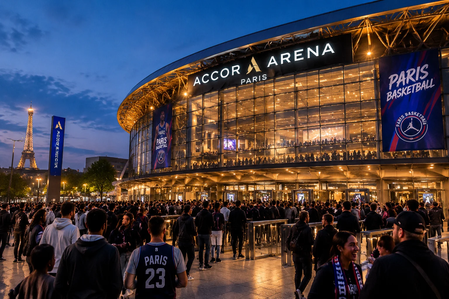 Atmosphère de préparation et entrée des spectateurs à l’Accor Arena pour un match NBA